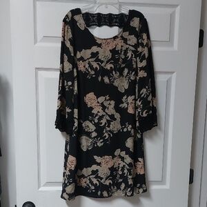 DR2 Tan Floral Sheath Dress with Bell Sleeves